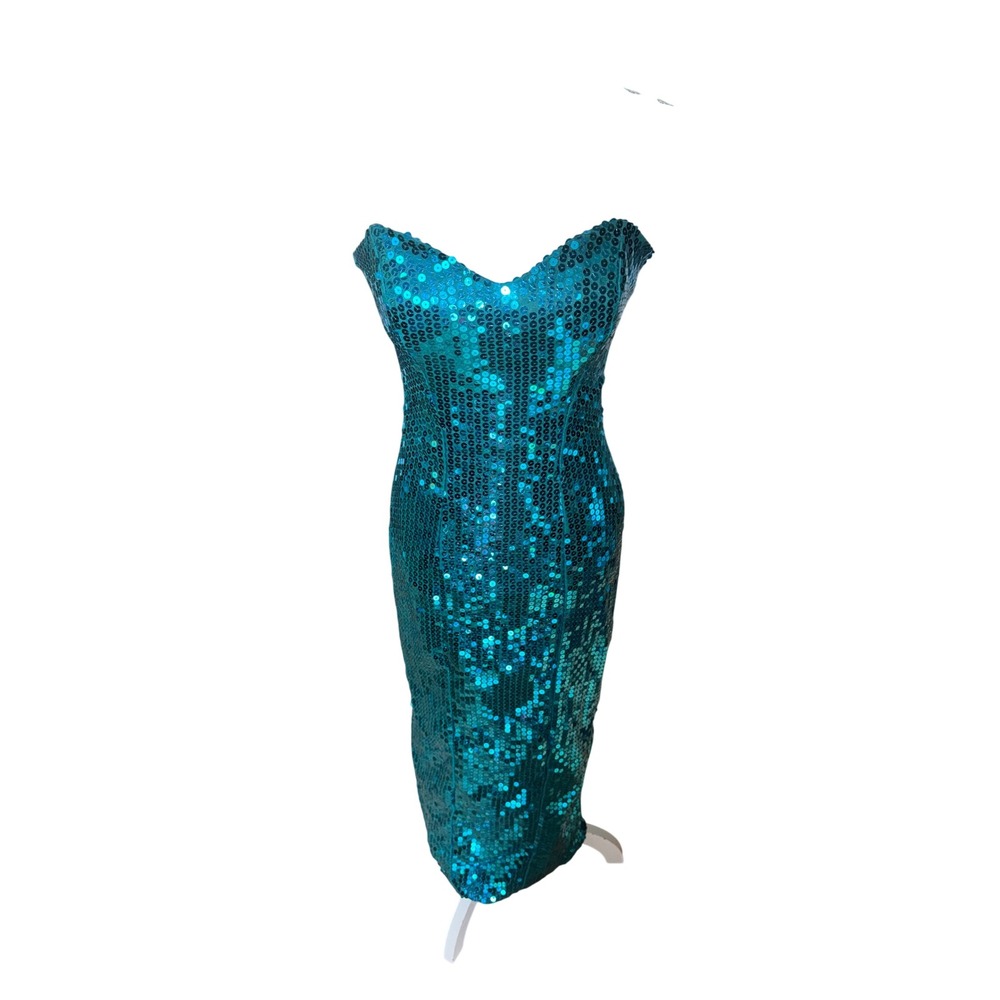 Vtg 90s Nadine Teal Sequin Strapless Midi Dress Sweetheart Union XS/5 Fairy FLAW
